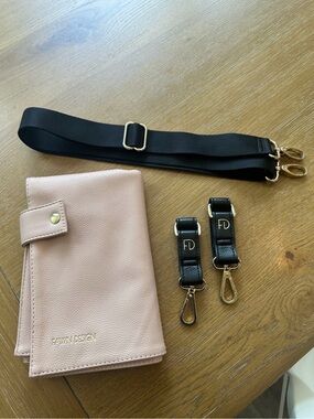Fawn Design Blush Pink Changing Pad with Black Diaper Bag Strap and Gold Clips
